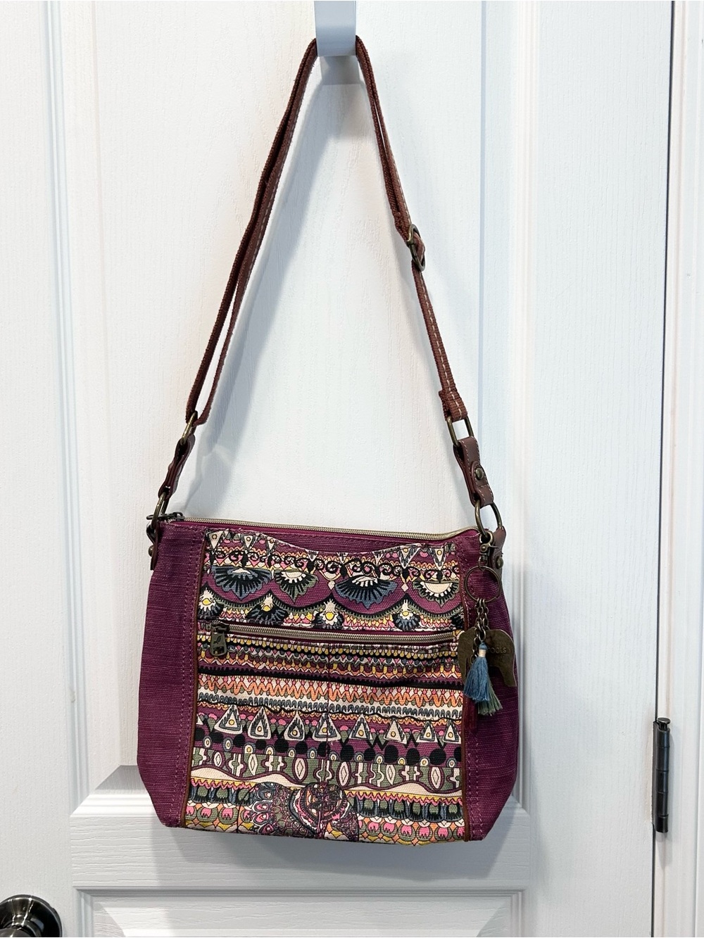 Sakroots Plum Canvas Crossbody Bag Boho Elephant Print Tassel Charm Zip Close